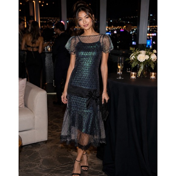 Unique Vintage Dresses & Skirts - Vintage Inspired Iridescent Peacock Lace Drop Waist Flapper Midi Dress 4